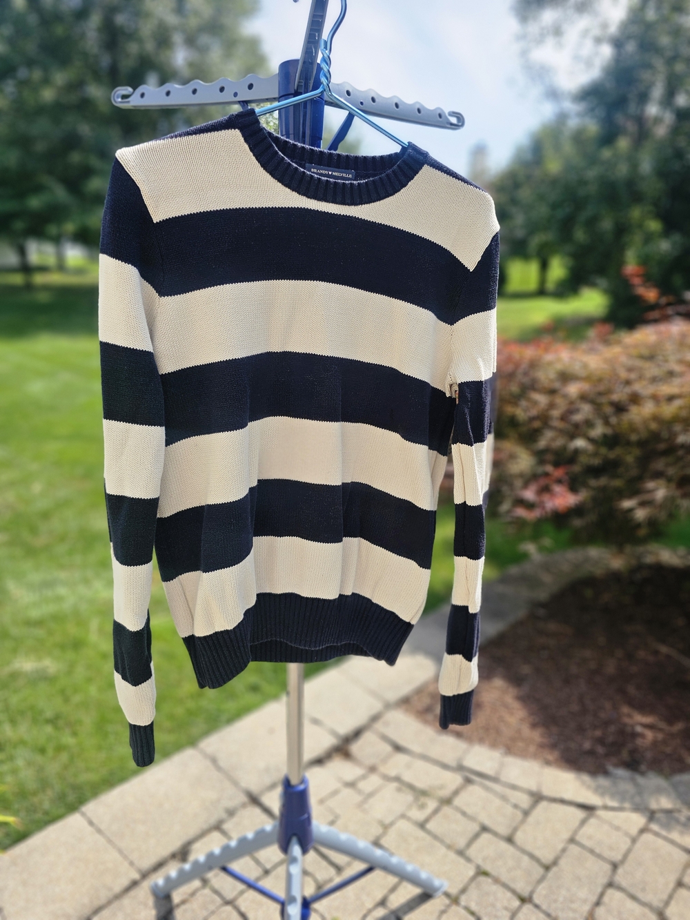 Brandy Melville - Navy & Cream Striped Crewneck Sweater